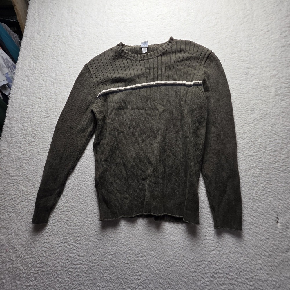 Gap Sweater Womens Small Green Crew Neck Long Sleeve Striped Waffle Knit